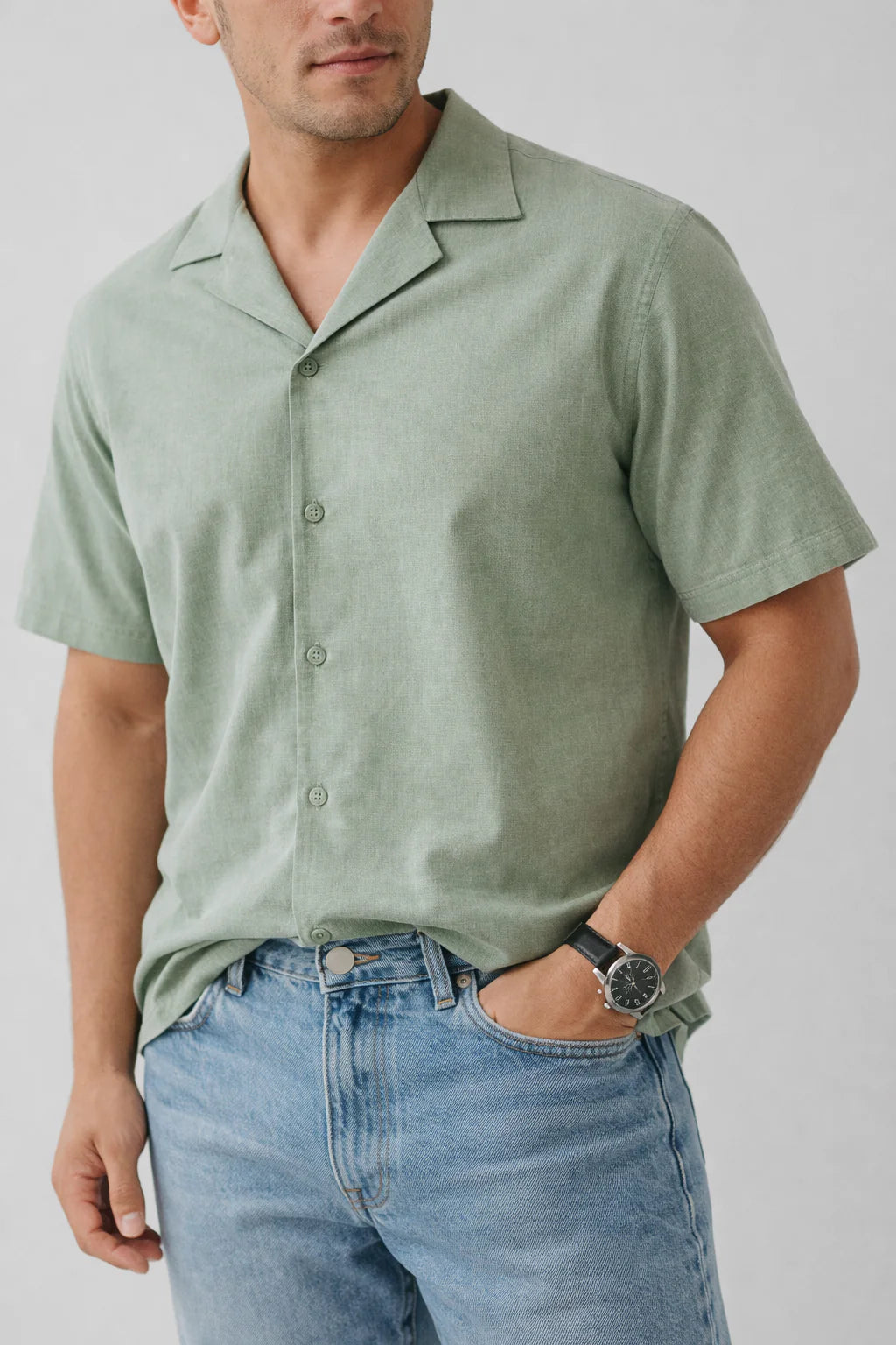 ELLS CART ARTICLE # 3306 Mint Green Cuban Collar Relaxed Fit Cotton Shirt