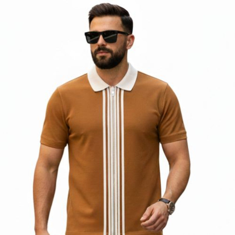 ELLS CART ARTICLE # 3301 Camel Zipper Striped Polo Shirt